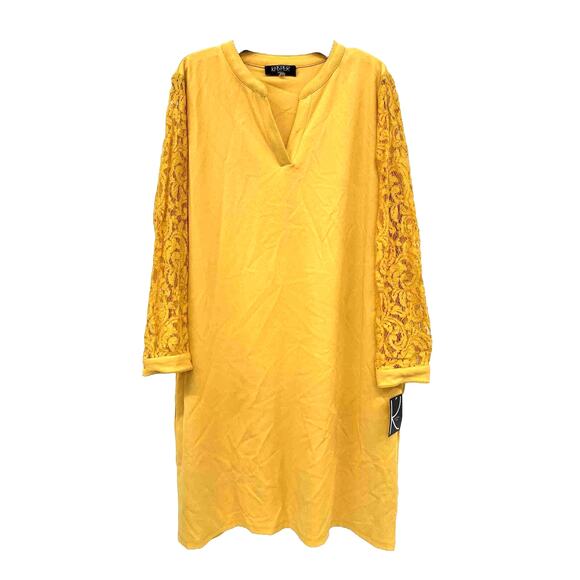 NWT Sz XXL Kasper Mustard, Lace Sleeve, Sheath Dress. High Collar Vneck. Midi. - Picture 1 of 5